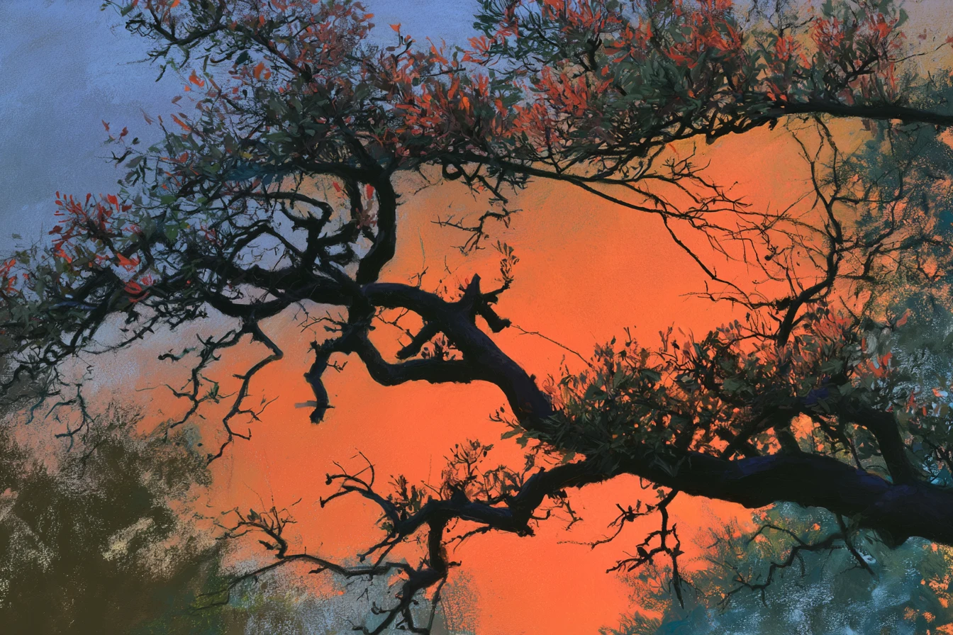 Pruned tree silhouetted against an orange dawn, new red shoots reaching up