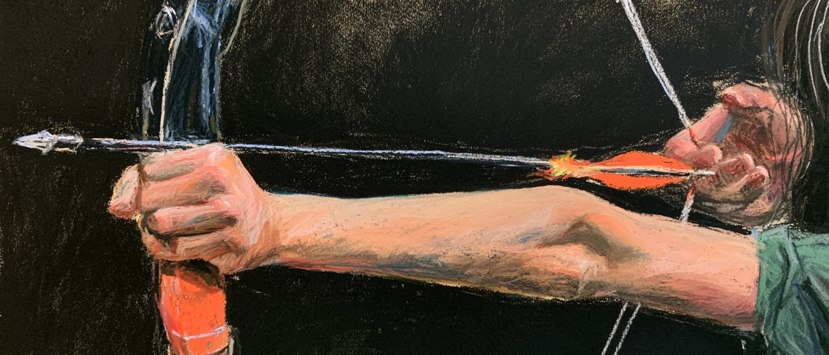 Chalk-pastel archer at full draw, arrowhead glowing orange against black