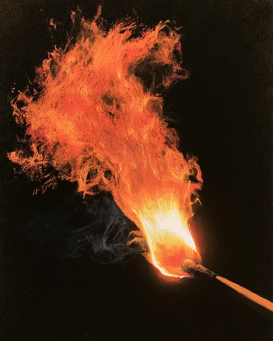 Match bursting alight, an orange bloom of flame swallowing the dark