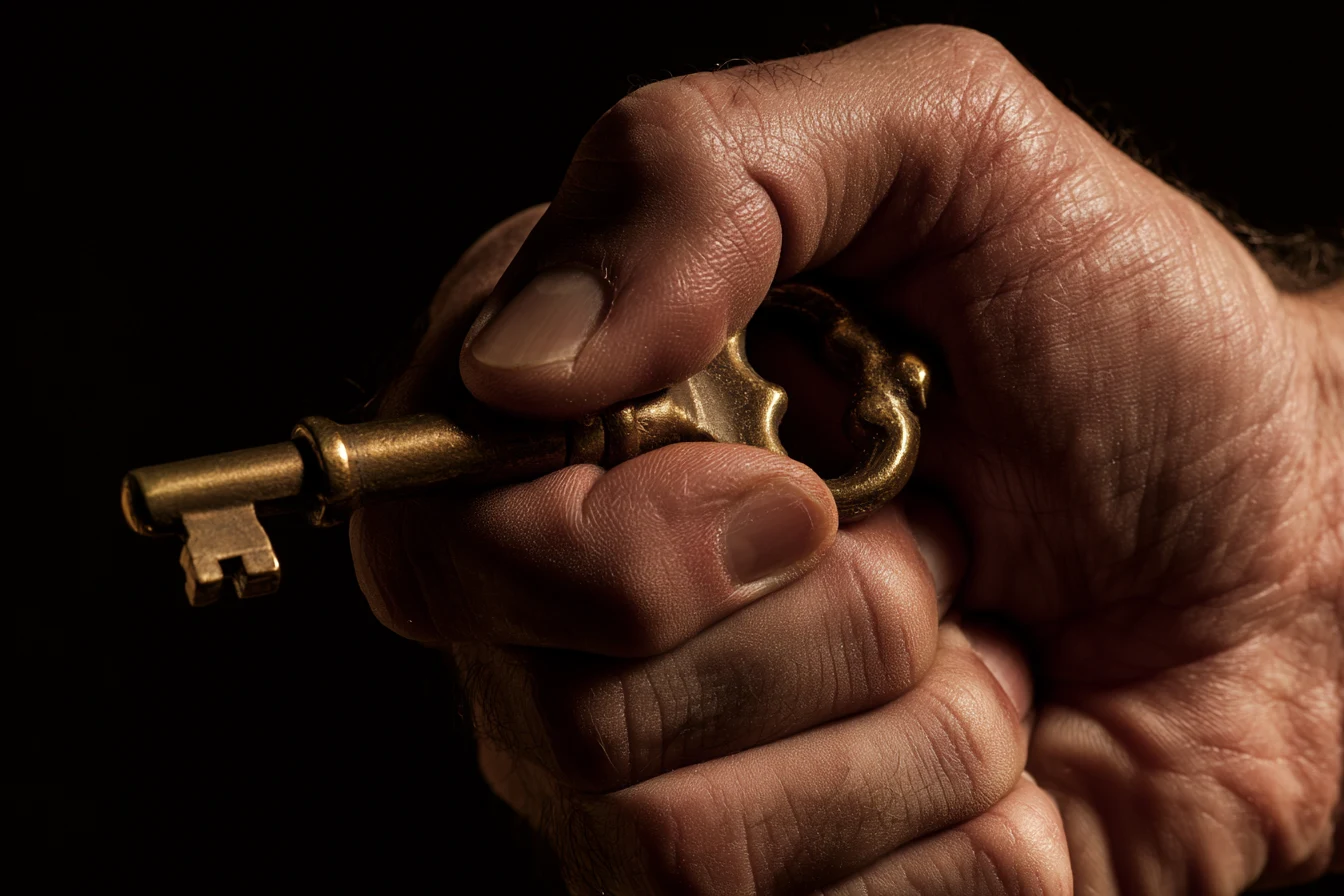 Knuckles whitening around an antique brass key against darkness