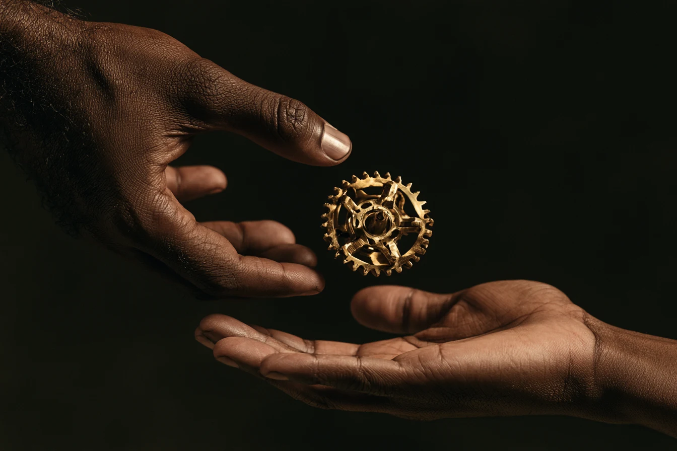 Ornate brass gear passing mid-air between two open hands