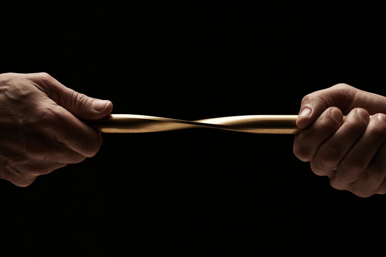 Two hands twisting a brass rod toward its breaking point