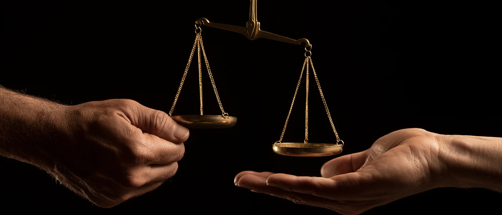 Brass balance scale tipping between a closed fist and an open palm