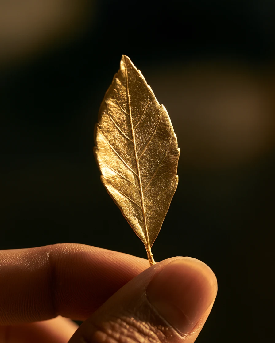 Fingertips balancing a single gilded laurel leaf, backlit