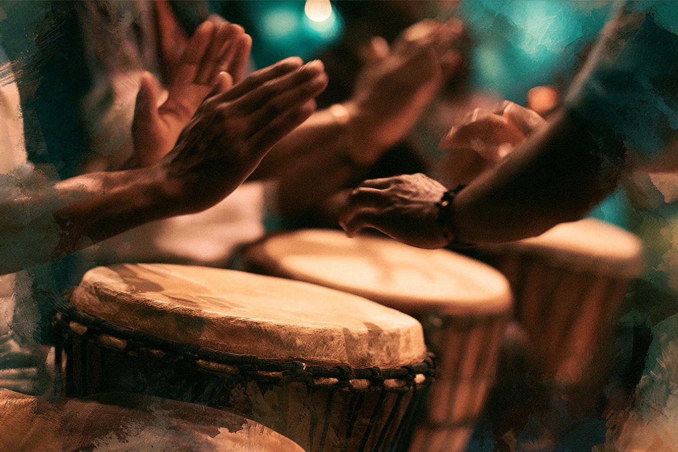 Hands poised over djembe drums in teal lamplight, frozen mid-beat