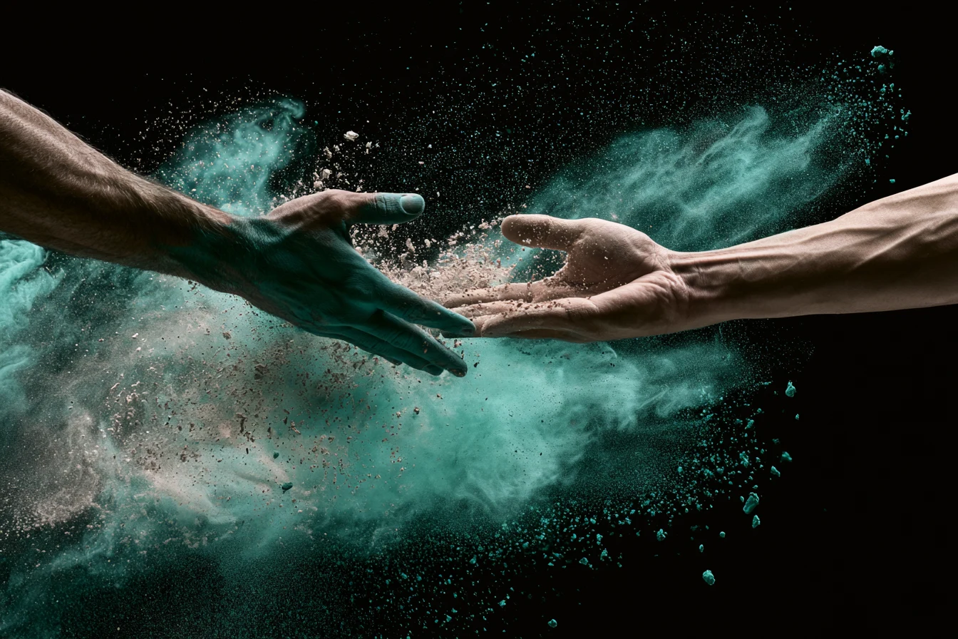 Two hands meeting mid-catch in a burst of teal chalk dust