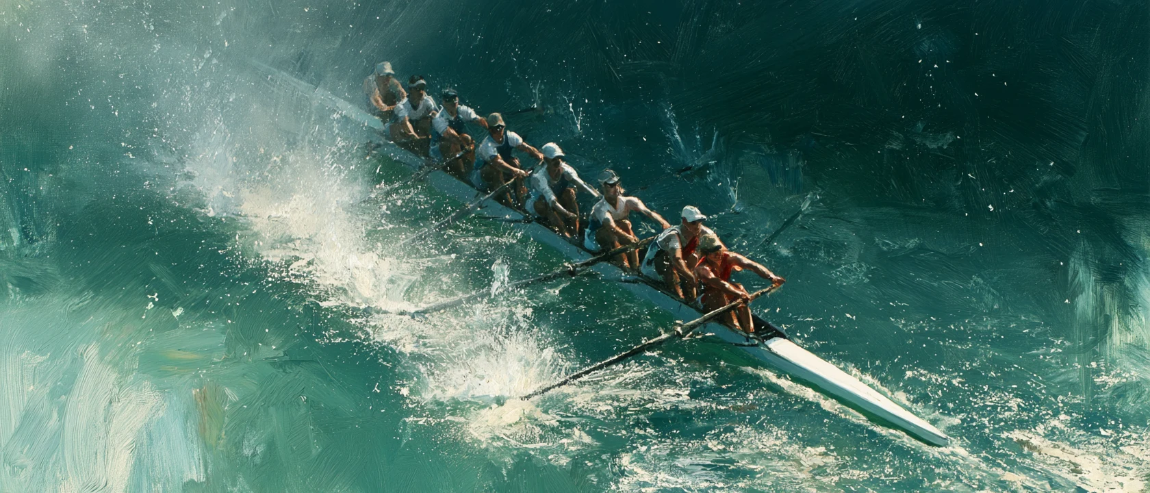 Watercolor rowing eight cutting through teal water, oars in unison
