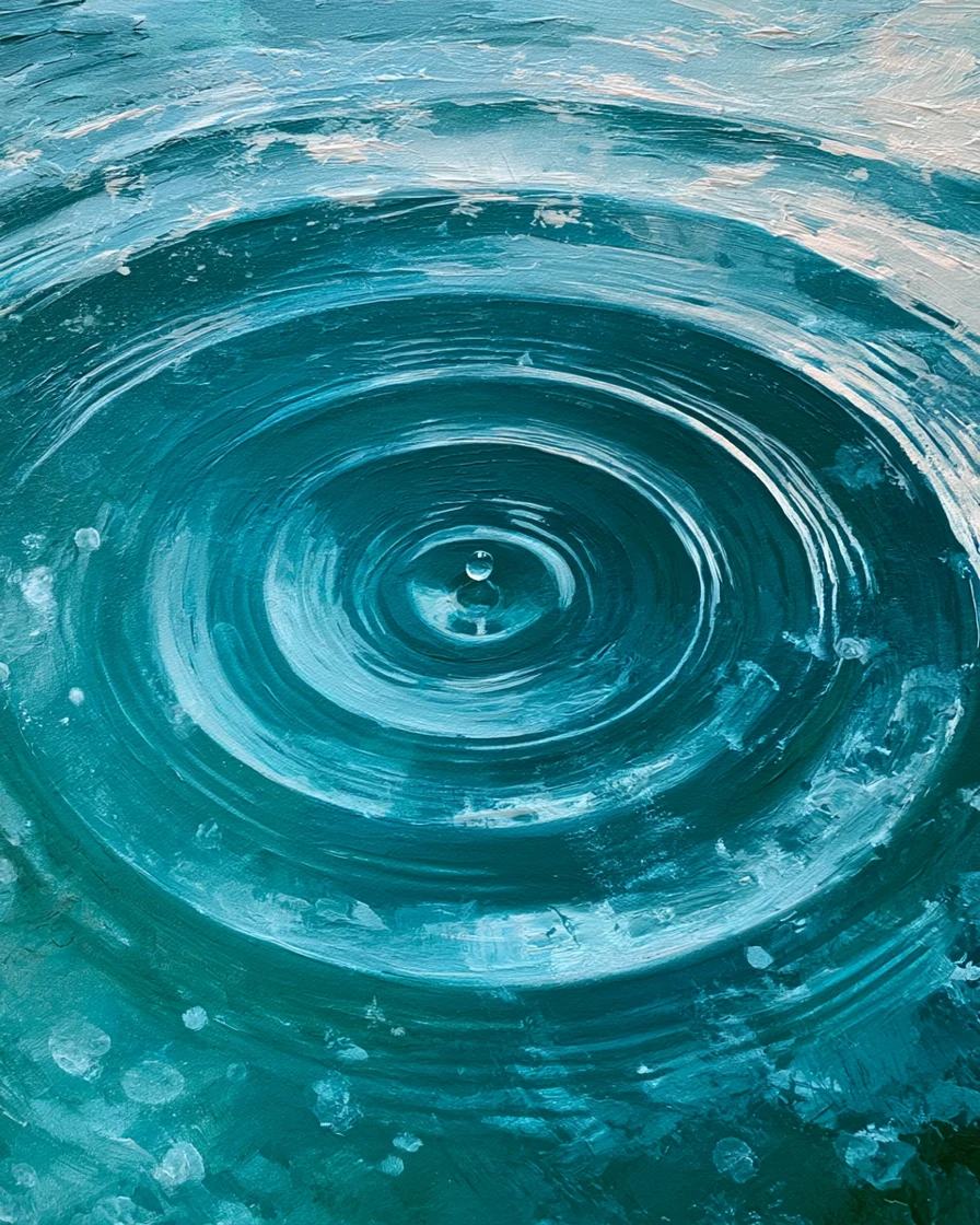 Painted droplet striking teal water, rings rippling outward