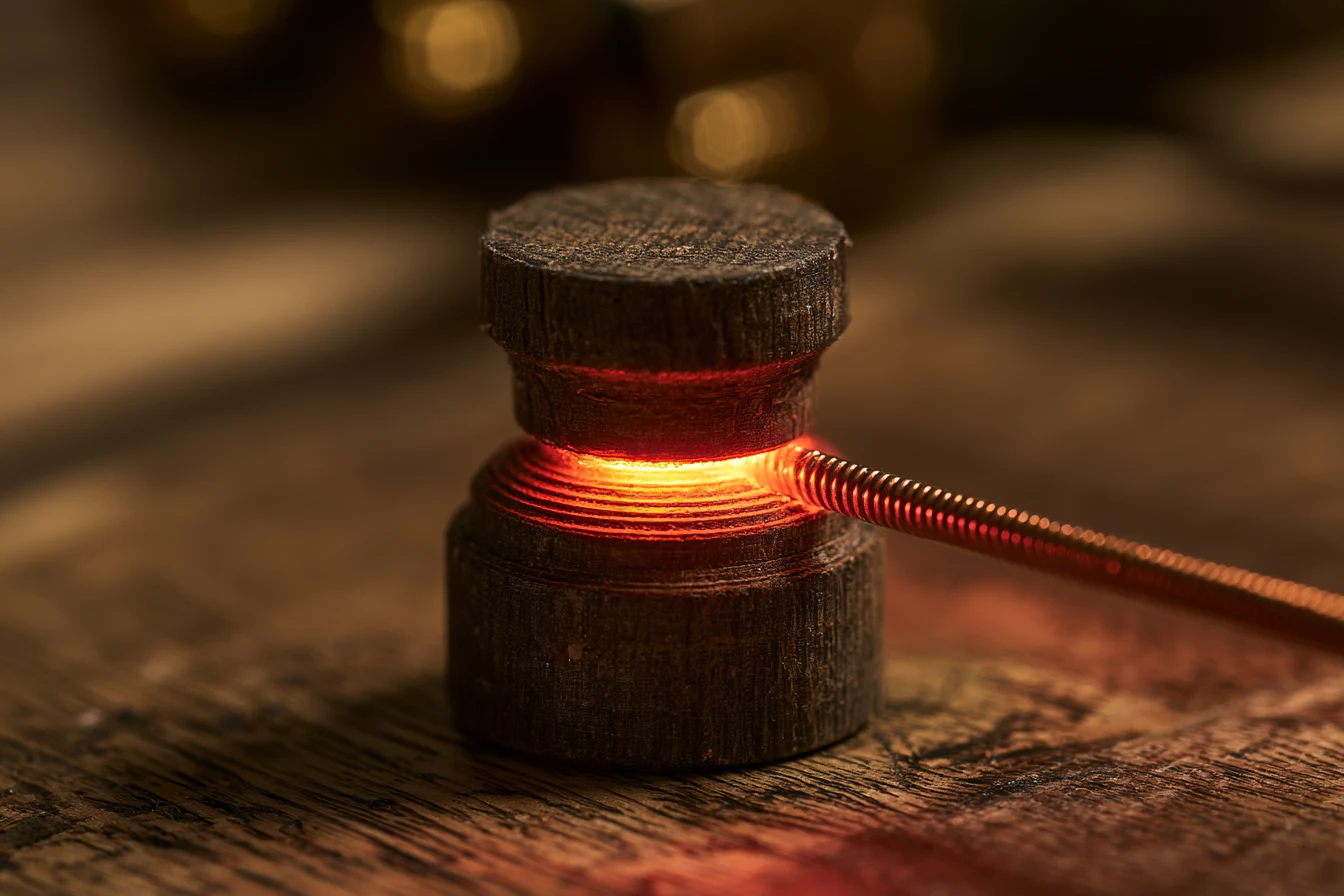 A wooden peg on a workbench, a taut wire through it glowing ember-red at the groove