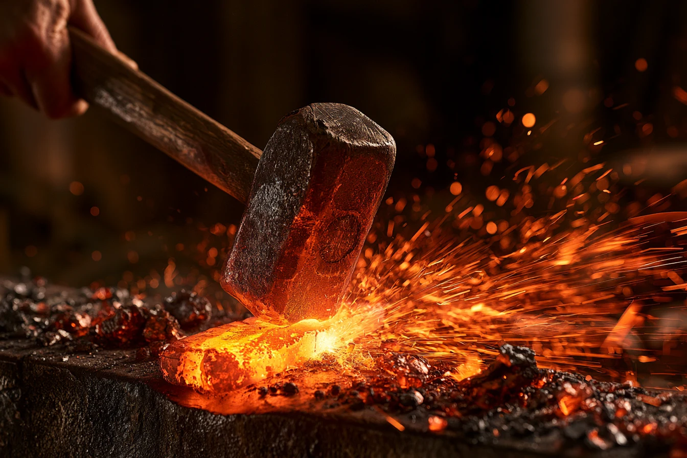A hammer striking white-hot steel on an anvil, sparks exploding across the dark forge
