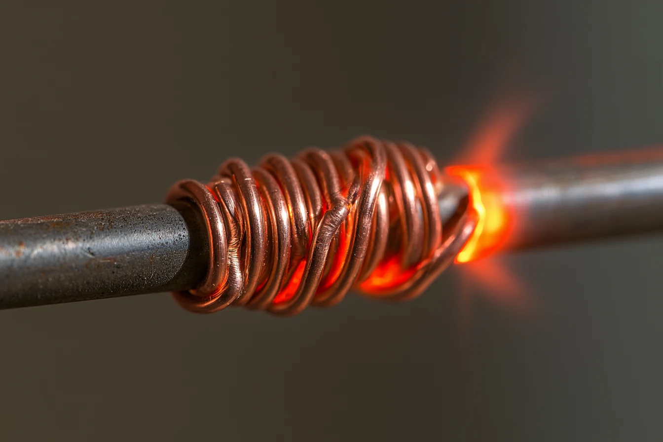 Copper wire coiled tightly around a steel rod, the join glowing ember-red
