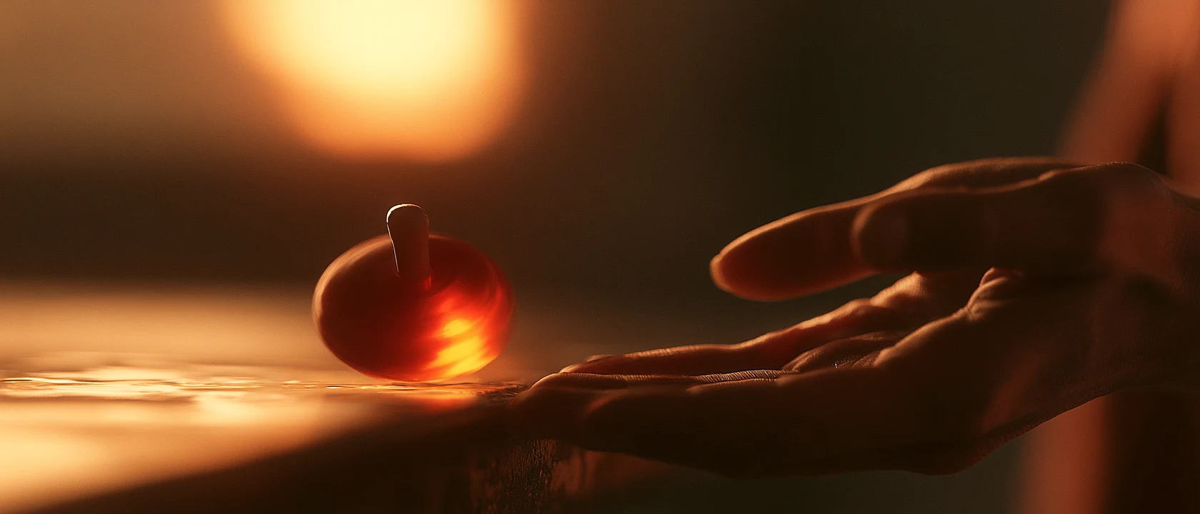 Fingertips reaching for a spinning top glowing ember-red on a dark polished table