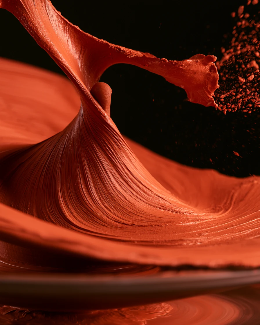Wet red clay rising and folding on a spinning potter's wheel, seen close