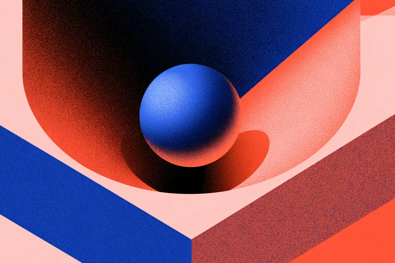 A blue sphere resting in the trough of a folded coral and blue geometric plane