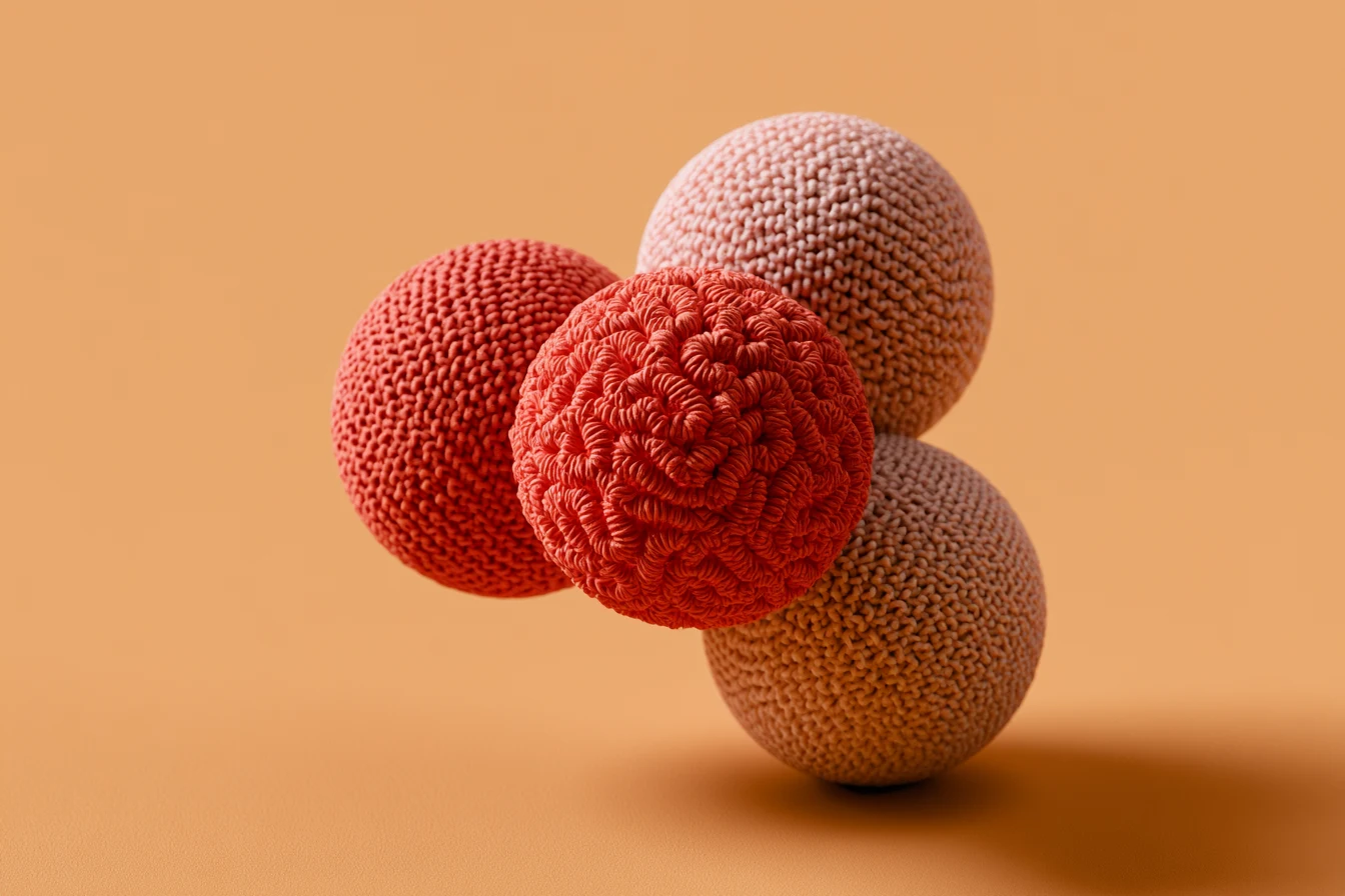 Four crocheted spheres in coral and sand tones balanced against each other on a warm ground