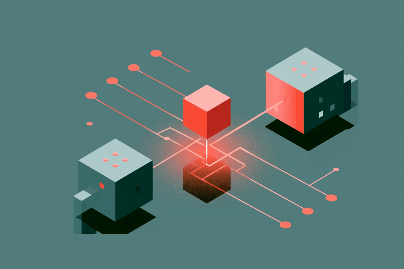 Two isometric cubes joined by coral filaments to a glowing coral cube at the centre