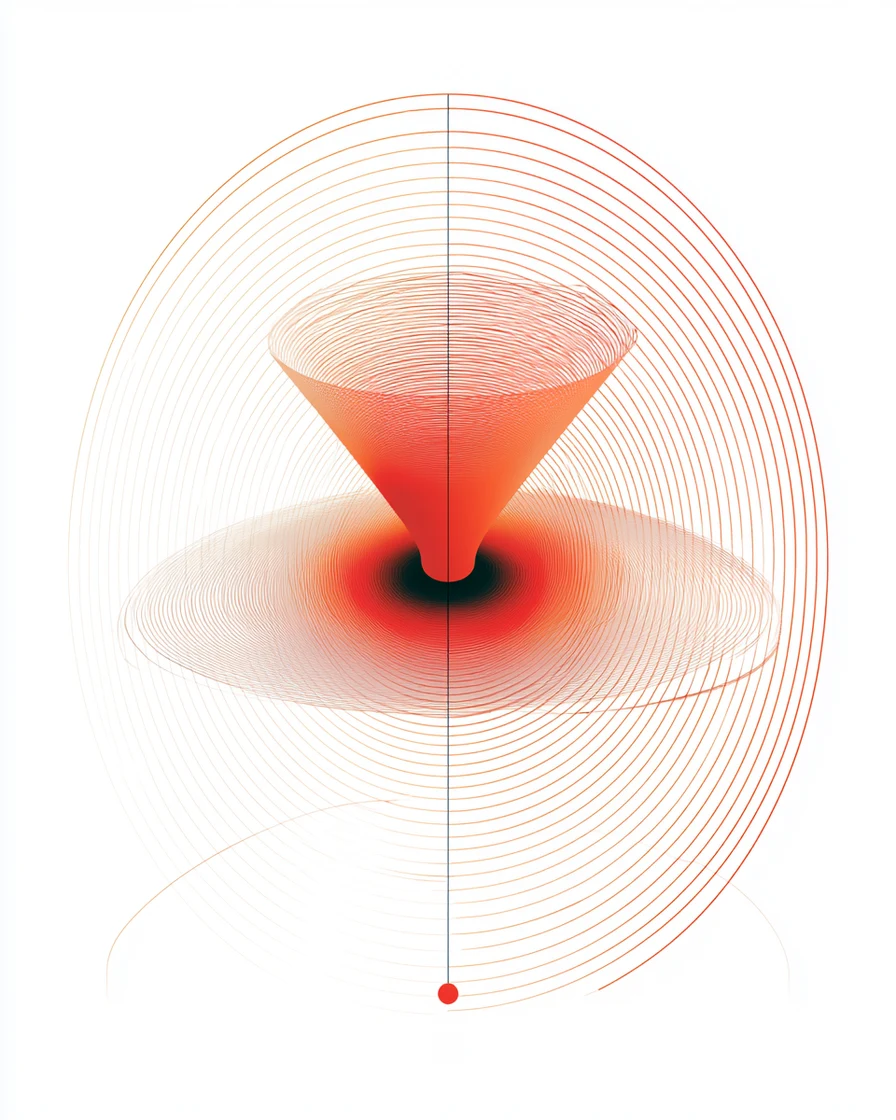 A coral funnel of fine concentric lines spiralling into a dark centre, a red dot below on the axis