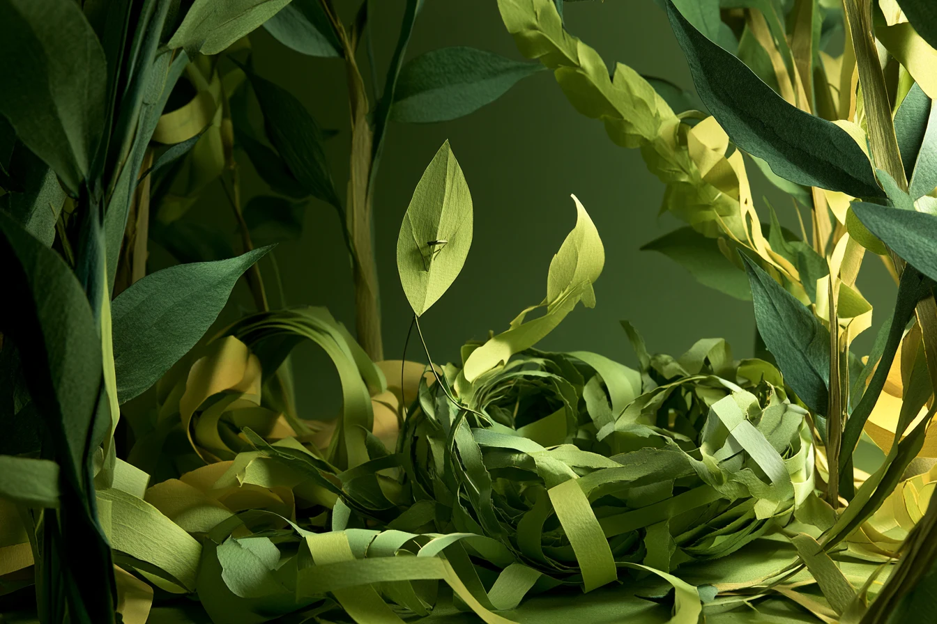 A nest of curling paper strips unravelling among layered paper foliage