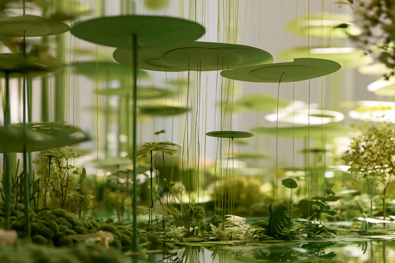 Paper discs suspended at staggered depths above a layered paper wetland, threads hanging between them