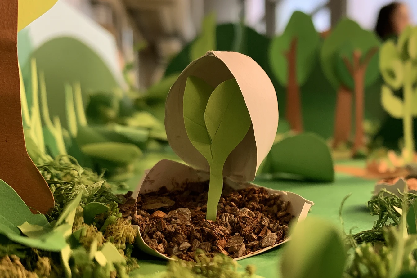 A paper seed case split open, a green shoot rising from paper soil in a cut-paper landscape
