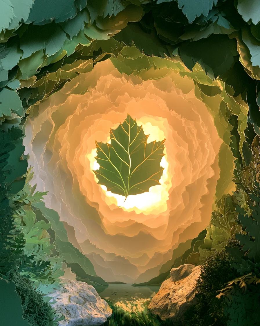 A single paper leaf glowing at the centre of a tunnel of layered green paper