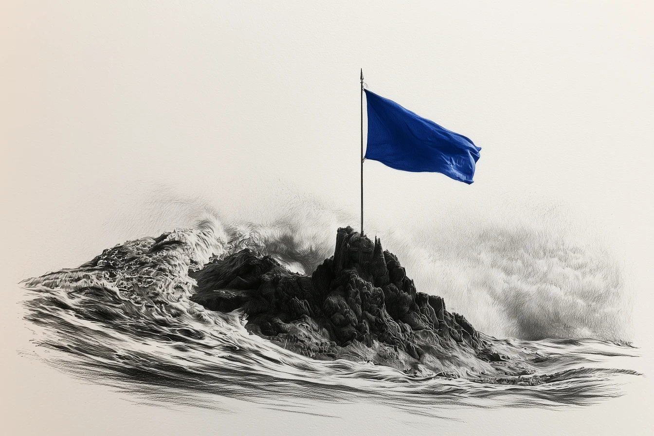 A rocky island battered by a rising wave, a lone cobalt flag still planted on its summit
