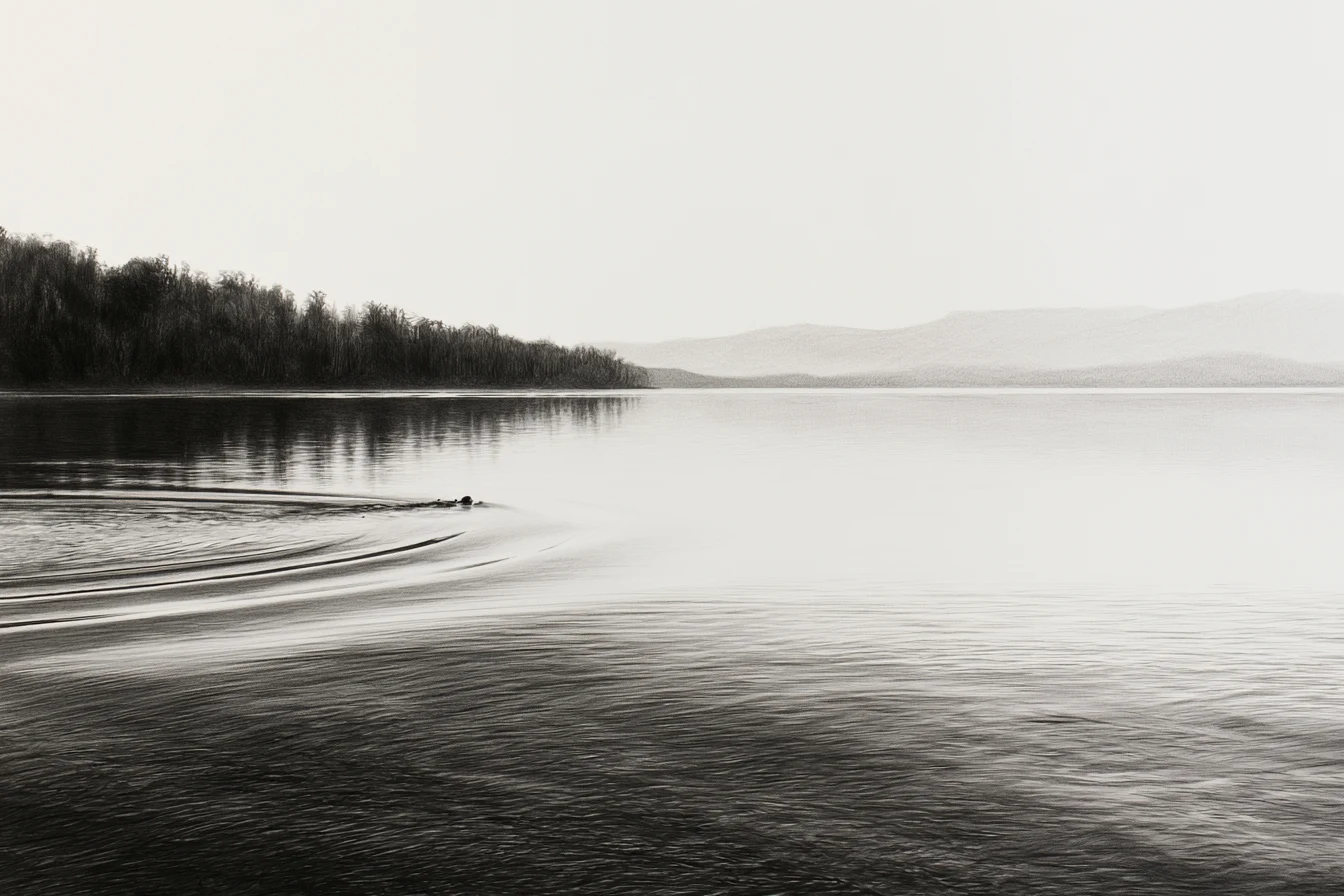 Still lake water at first light, a faint wake of skipped-stone ripples trailing across the surface