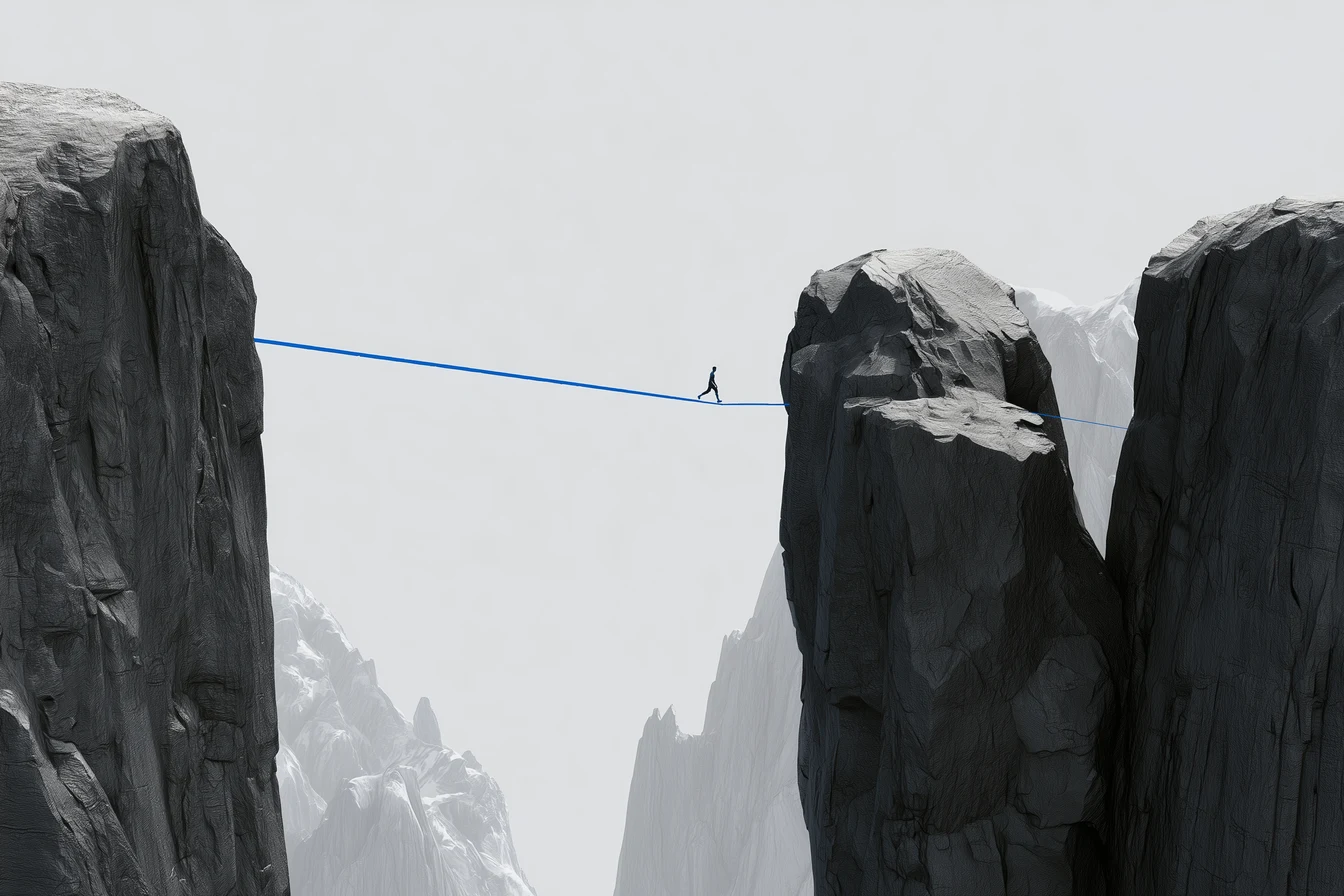 A tiny figure walking a taut cobalt wire strung between two granite spires