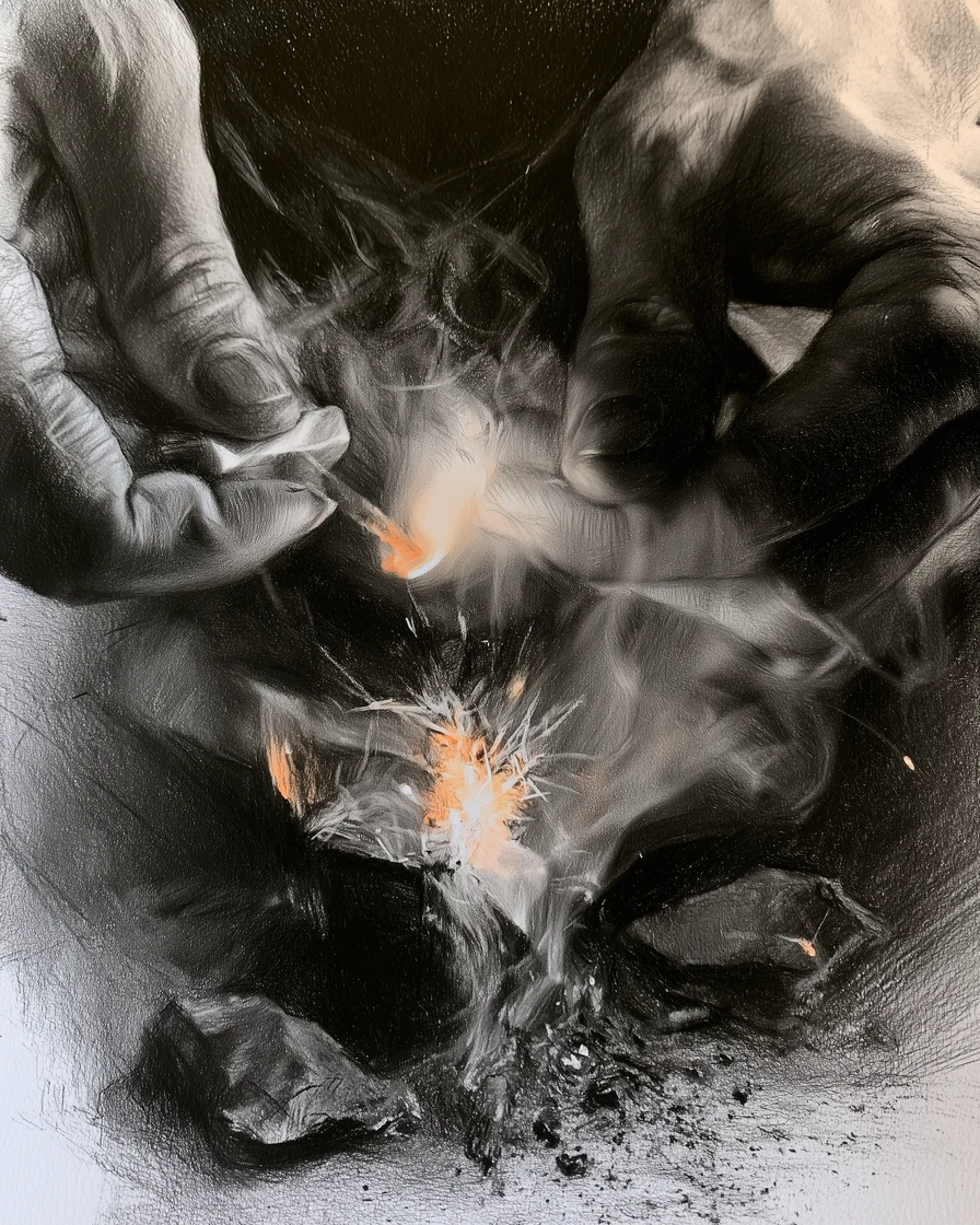 Two hands striking flint together, a burst of sparks flying from the strike