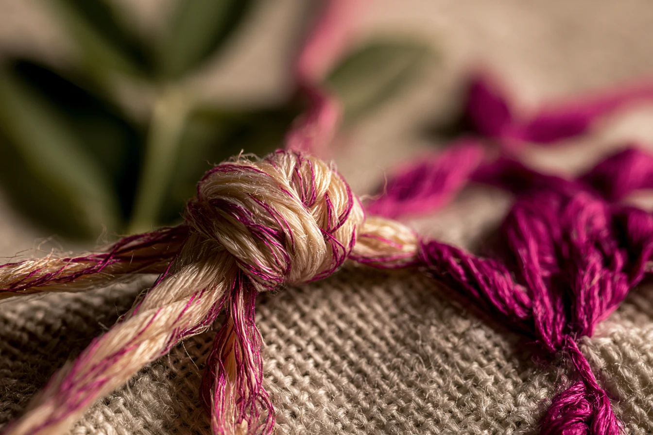Two thread bundles cinched into a knot on coarse linen, magenta fibres puckering the weave