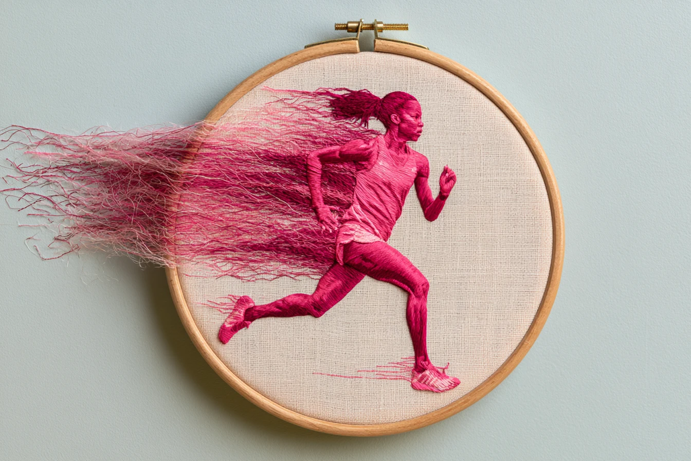 A runner stitched in magenta thread inside an embroidery hoop, loose fibres streaming behind like motion trails