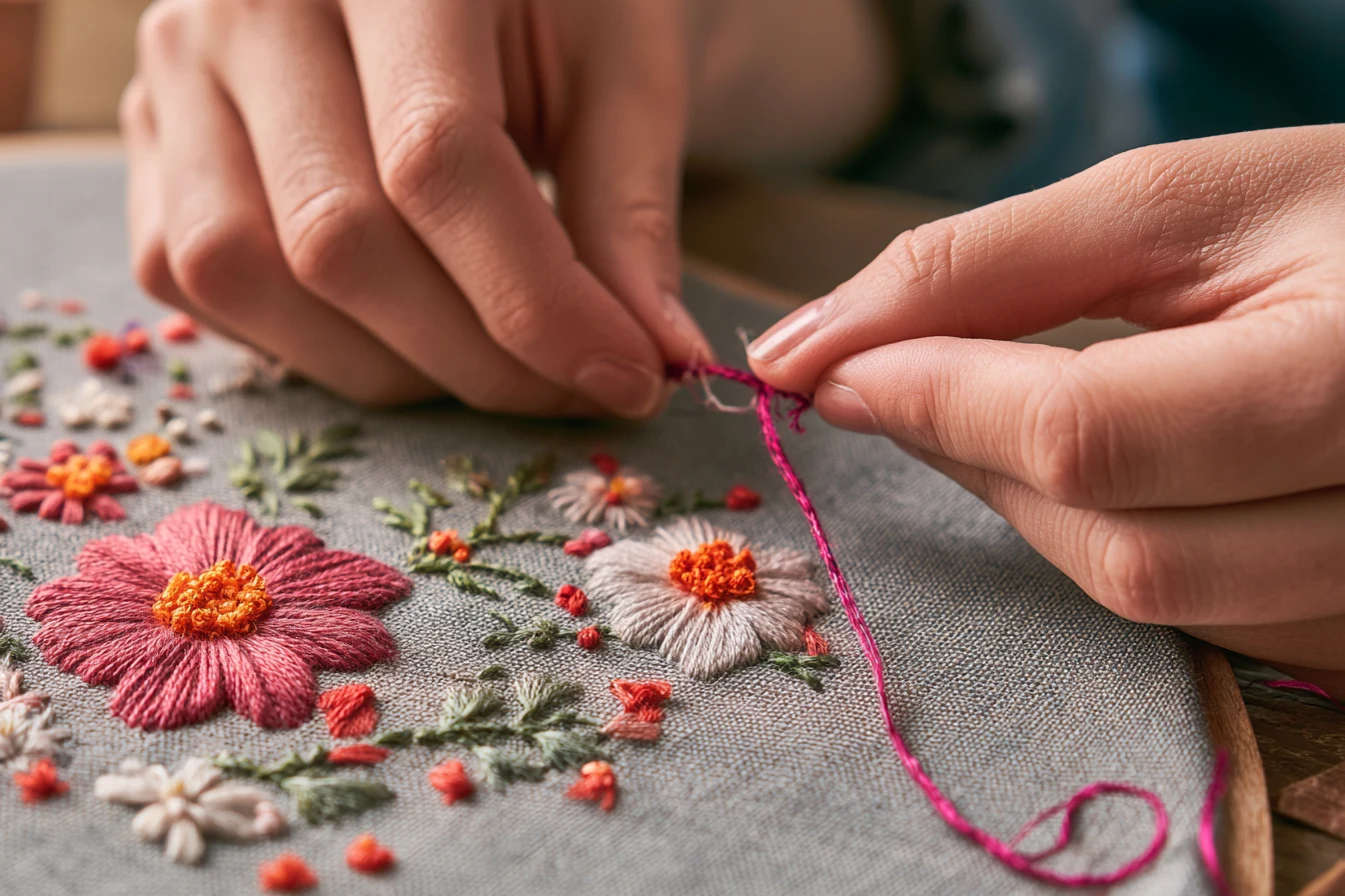 Hands stitching magenta thread into an embroidered flower panel on grey linen