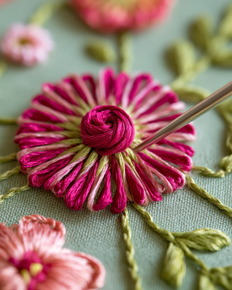 A dense magenta rosette of coiled thread being worked with a needle on pale linen