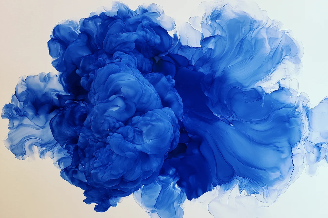 A dense ultramarine ink bloom unfurling across pale paper