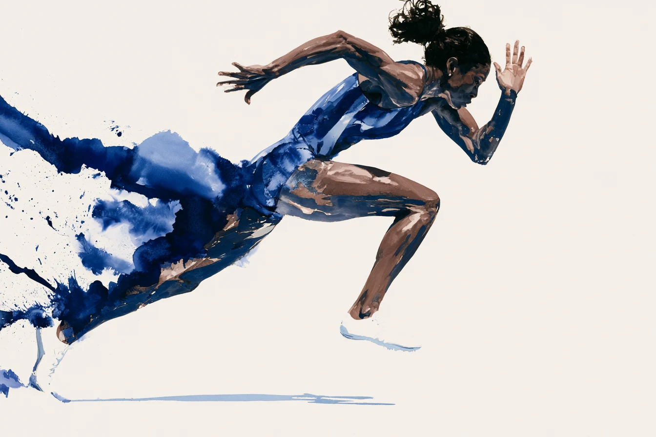 A sprinter driving out of the blocks, the trailing leg dissolving into ultramarine ink