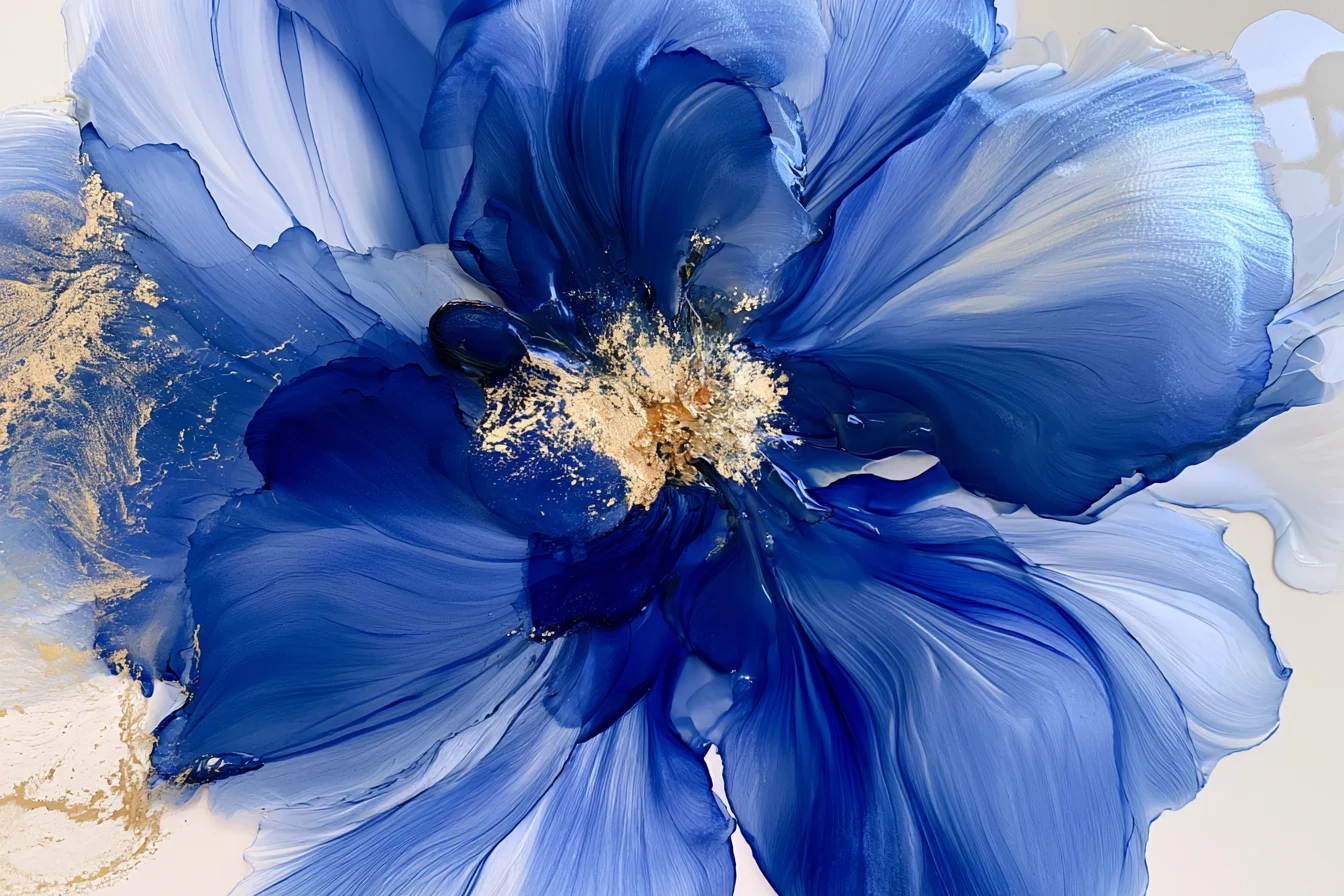 A large ultramarine ink blossom with a burst of gold at its centre