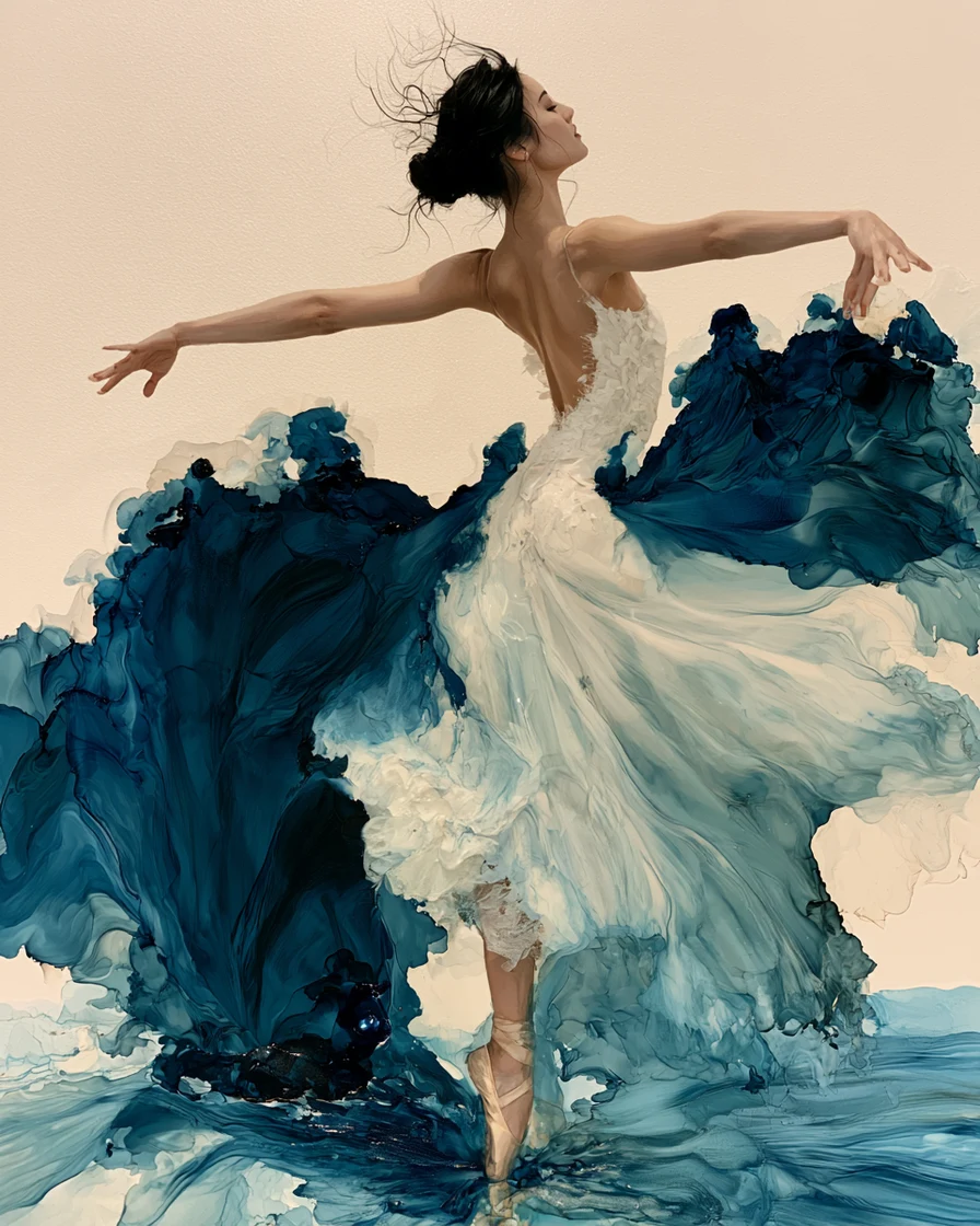 A dancer rising en pointe, arms wide, her skirt dissolving into deep ultramarine ink