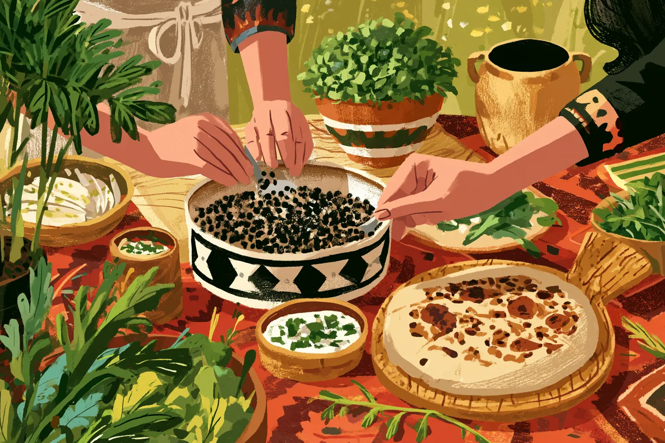 Illustration of hands setting out a communal table of greens, lentils, flatbread and yogurt