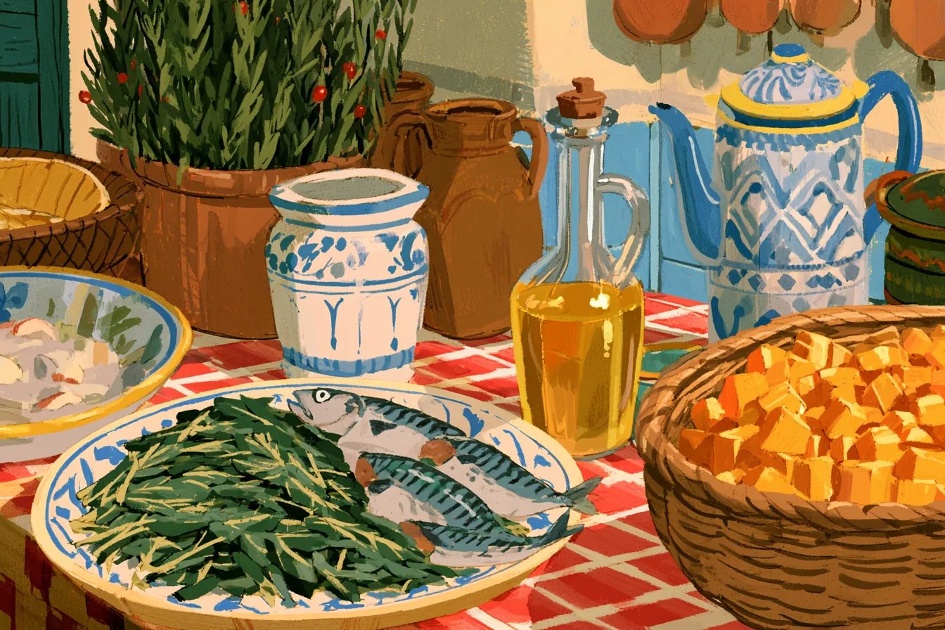 Painted Mediterranean kitchen table with mackerel and greens on a platter beside olive oil and squash