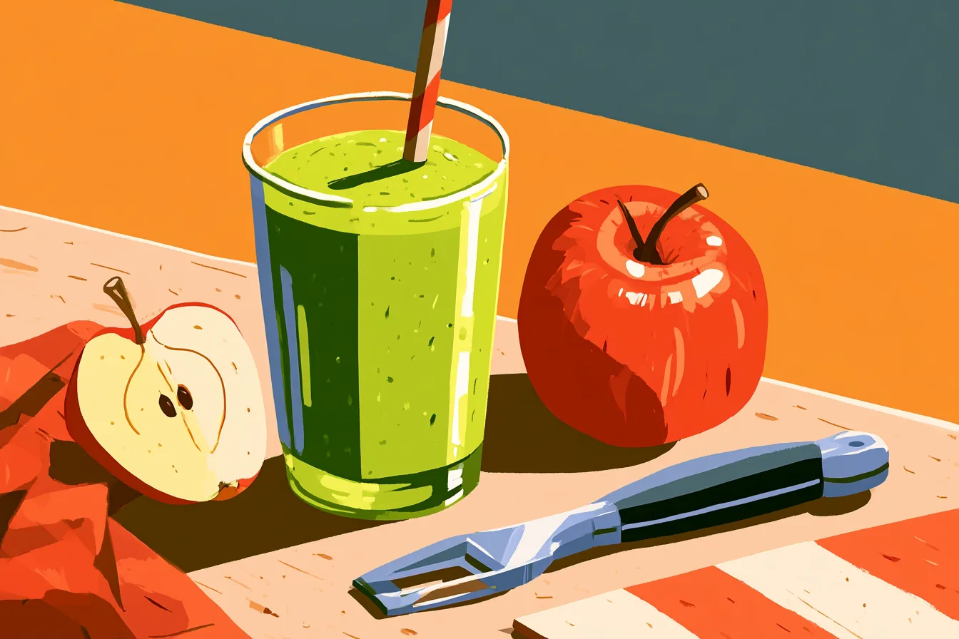 Flat illustration of a green smoothie with a striped straw beside a red apple and a peeler