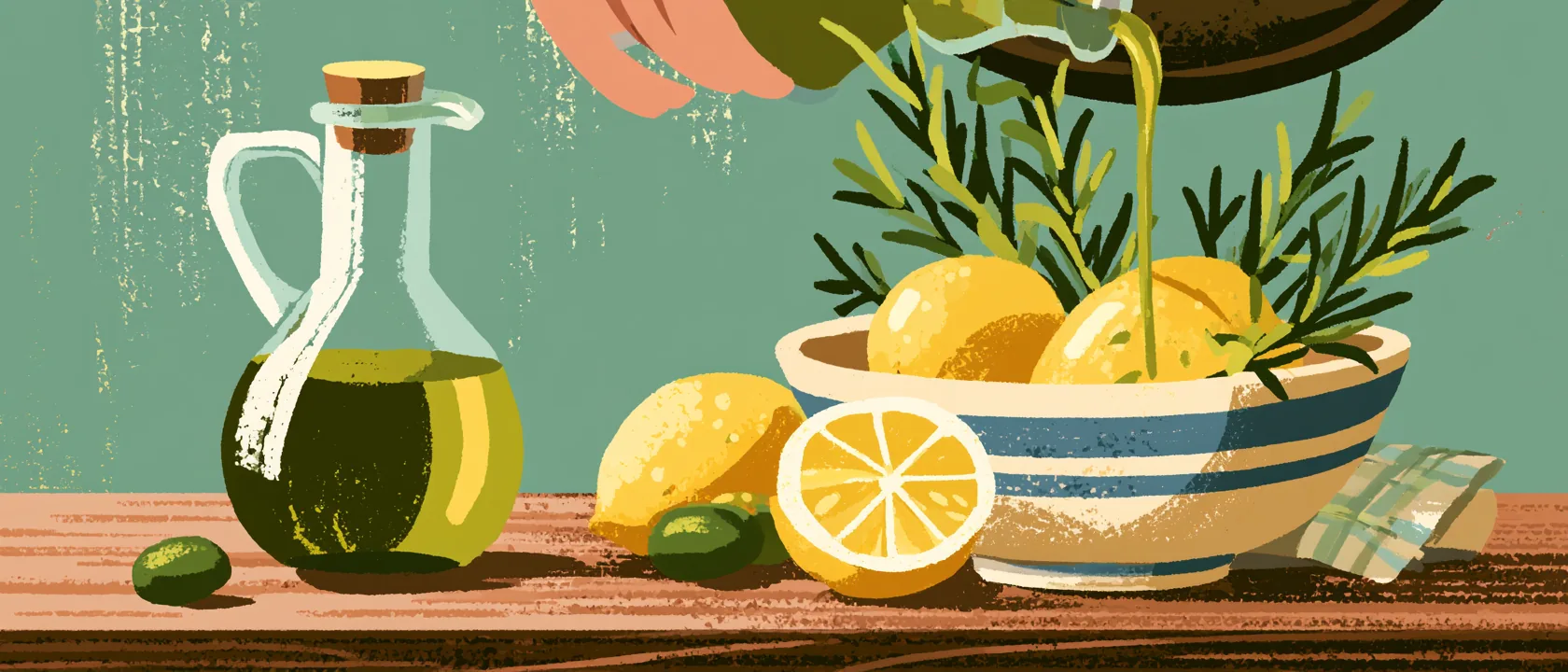 Illustration of olive oil pouring into a striped bowl of lemons and rosemary beside a glass cruet