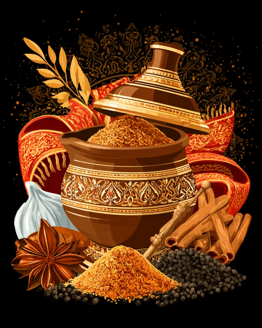 Ornate illustration of a spice jar overflowing with turmeric, star anise, cinnamon and peppercorns