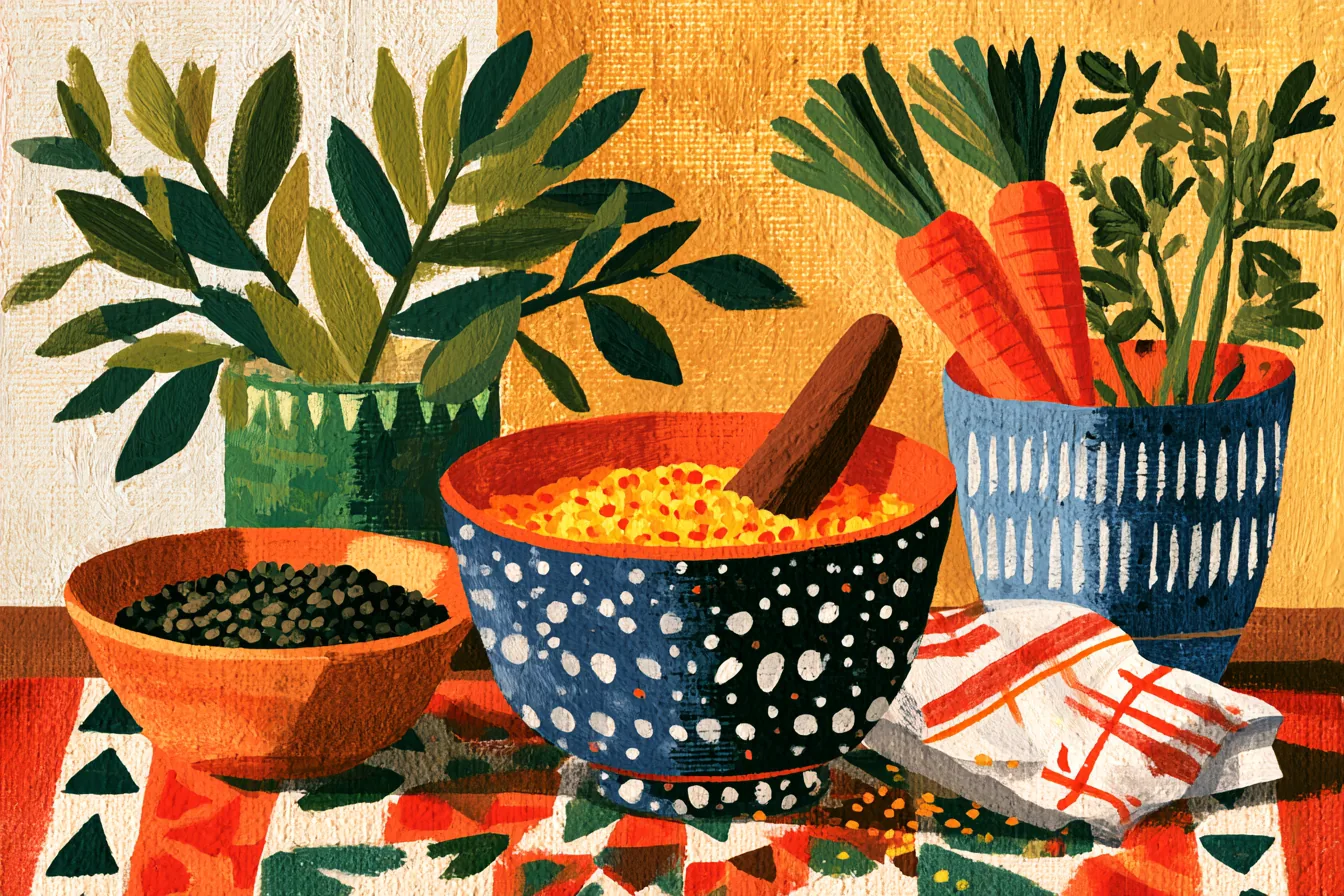 Folk-art still life of bowls holding golden grains, dark seeds and carrots with a pestle