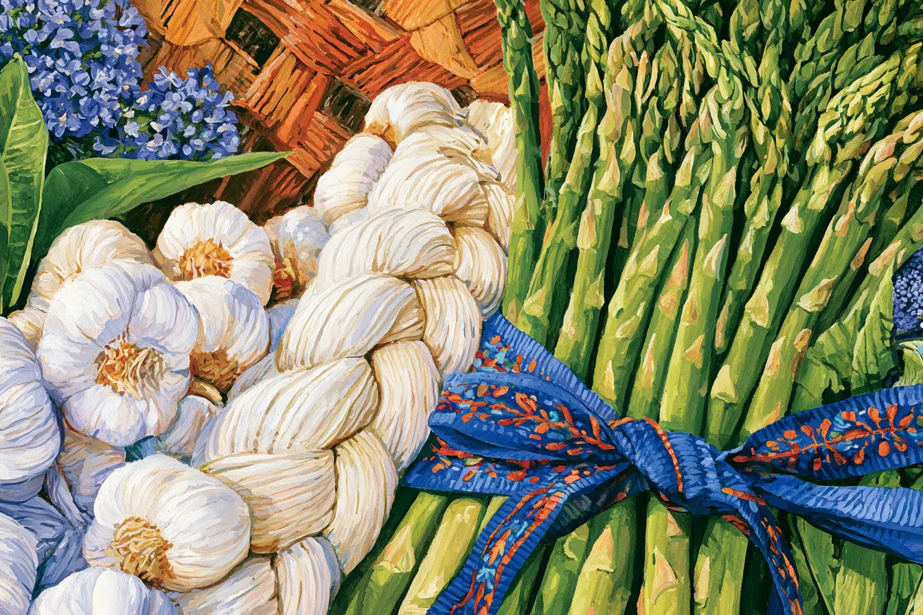 Painted braid of garlic beside a bundle of asparagus tied with a blue ribbon