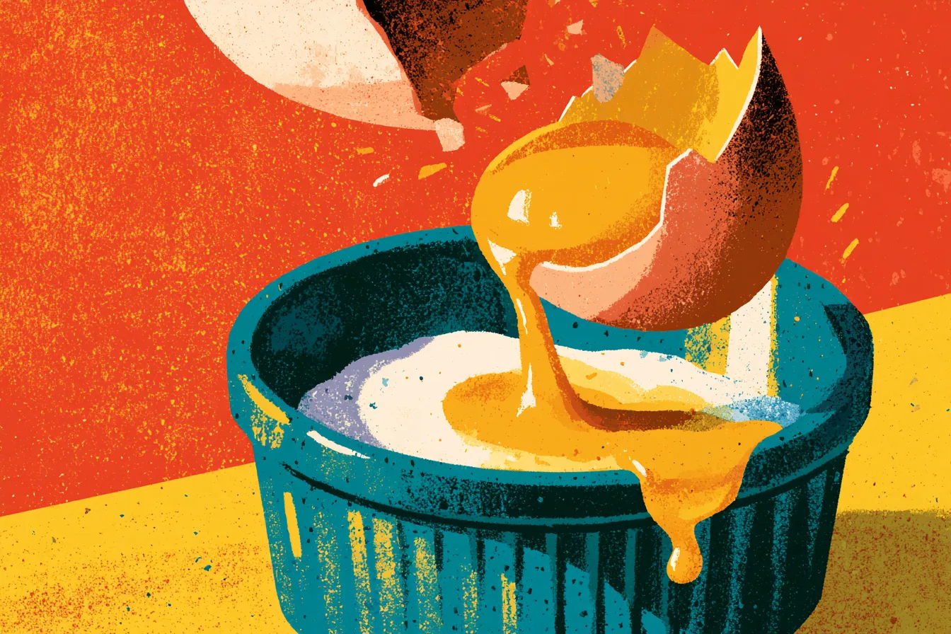 Screenprint-style illustration of an egg cracking, yolk streaming into a blue ramekin
