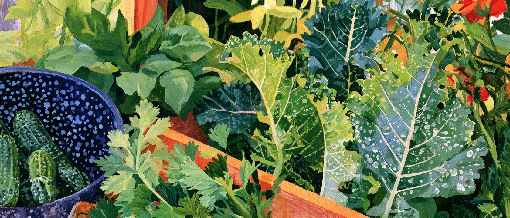 Painting of a kitchen garden bed dense with kale, spinach and herbs, cucumbers in a speckled colander