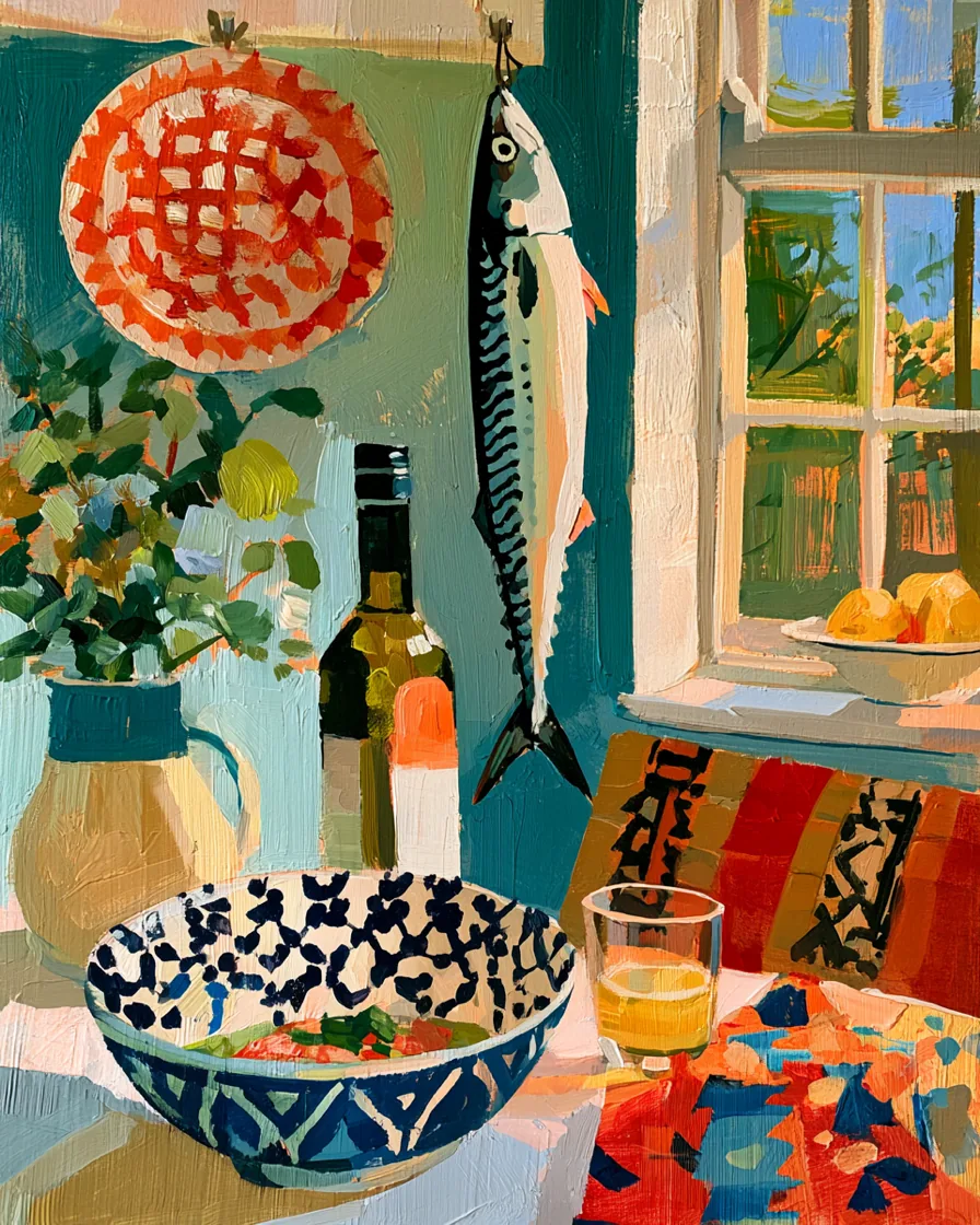 Painterly kitchen scene of a mackerel hanging above a patterned bowl and a glass of juice