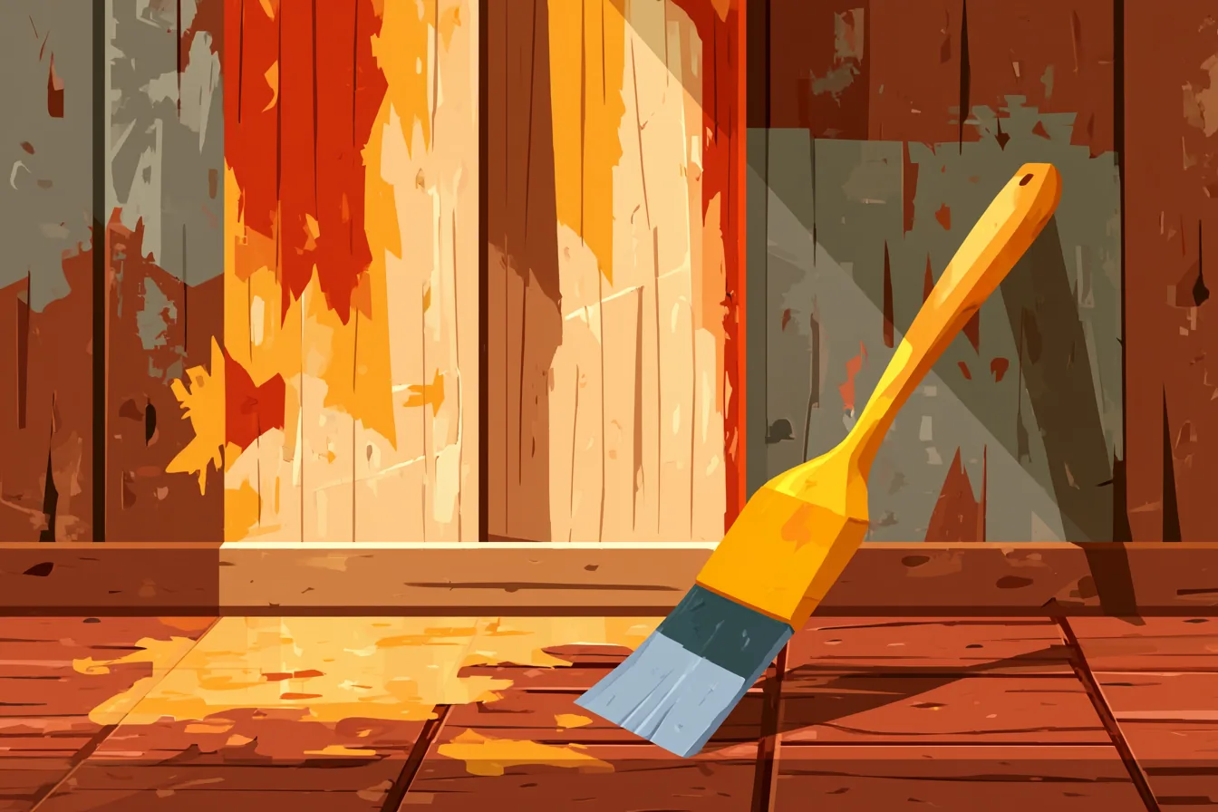 Flat illustration of a paintbrush resting against a wall stripped back and freshly repainted