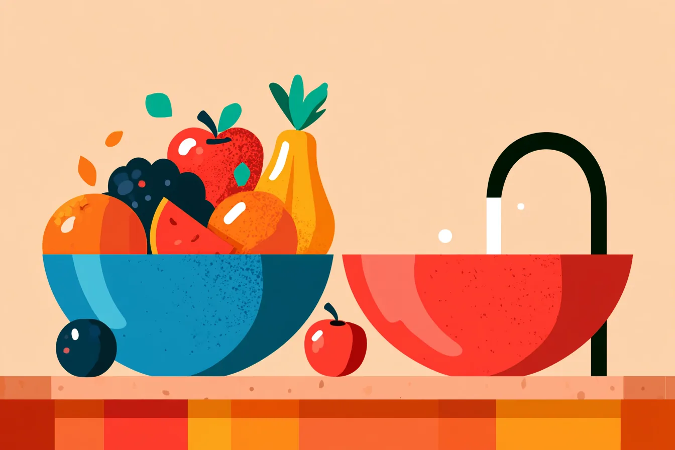Flat illustration of a full fruit bowl beside an empty rinsed bowl under a black tap