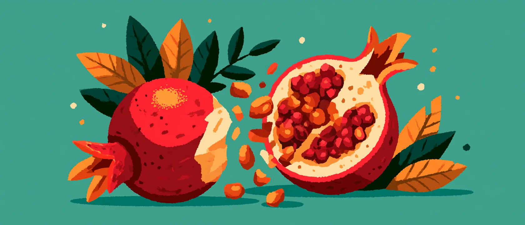 Flat illustration of a pomegranate split in two, arils scattering, on a teal ground